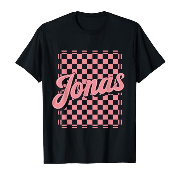 Tops - Checkered Pink Jonas Name T-Shirt Black Tee - Concert Jonas Shirt NWOT